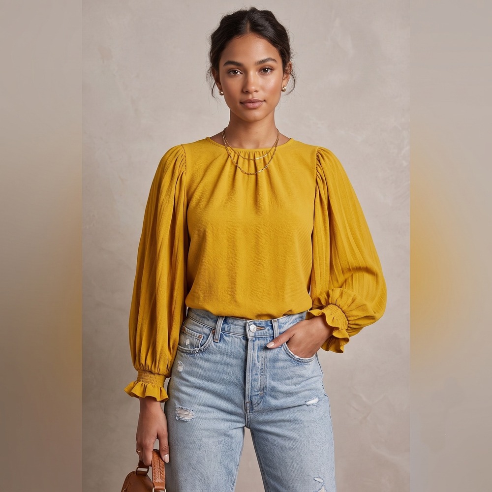 Eva Mendes NY&Co‎ Mustard Yellow Pleated Puff Sleeve Blouse XS VN130007